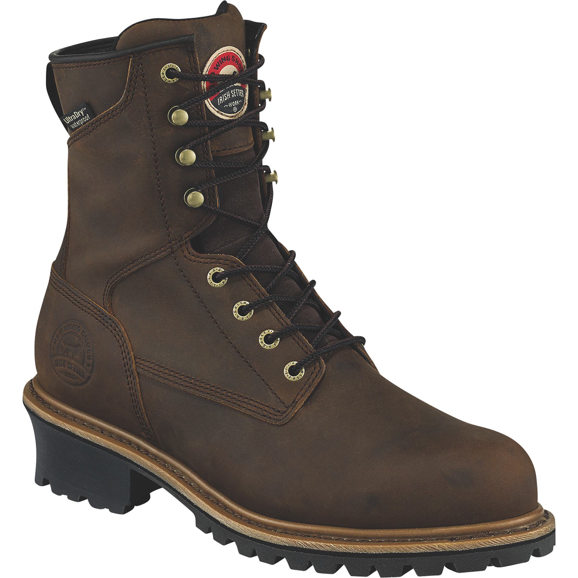 Irish Setter Men's 8in. Steel Toe Waterproof Logger Boots — Size 9.5 Wide, Full-Grain Leather, Slip-Resistant, Brown, Model# 83834E2095